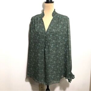 Lane Bryant Blouse Womens 20 Green Floral Smocked Popover Long Sleeve Top